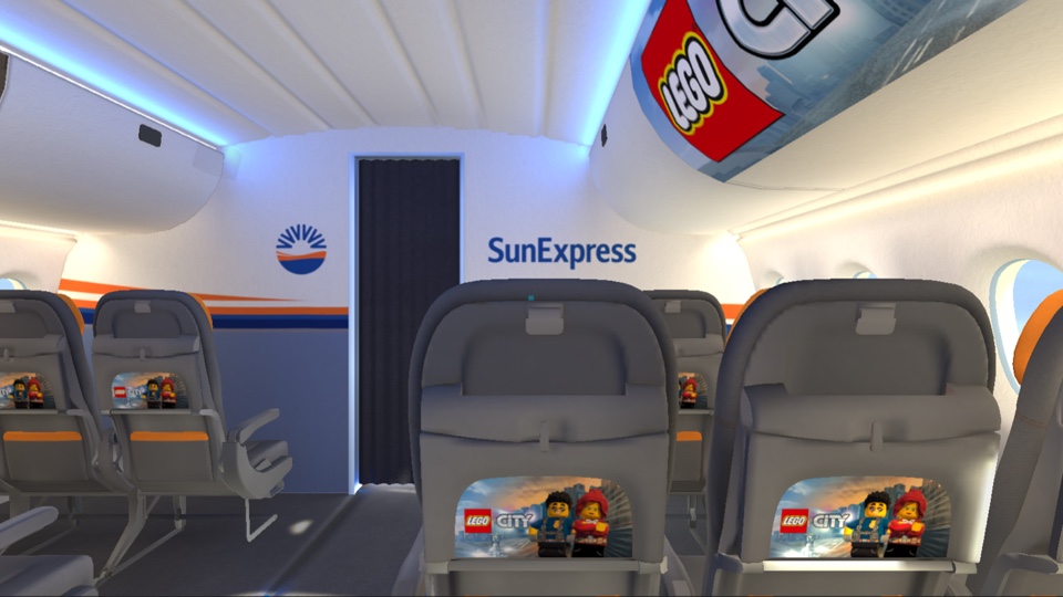 Inside of Sun Express airplance cabin with Lego visuals