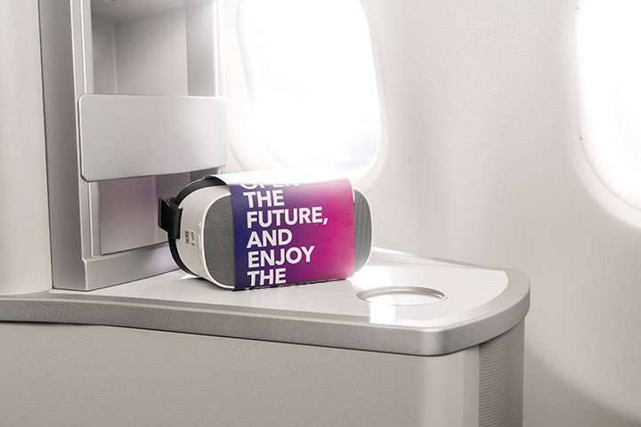 Inflight VR headsets on a airplane cabin